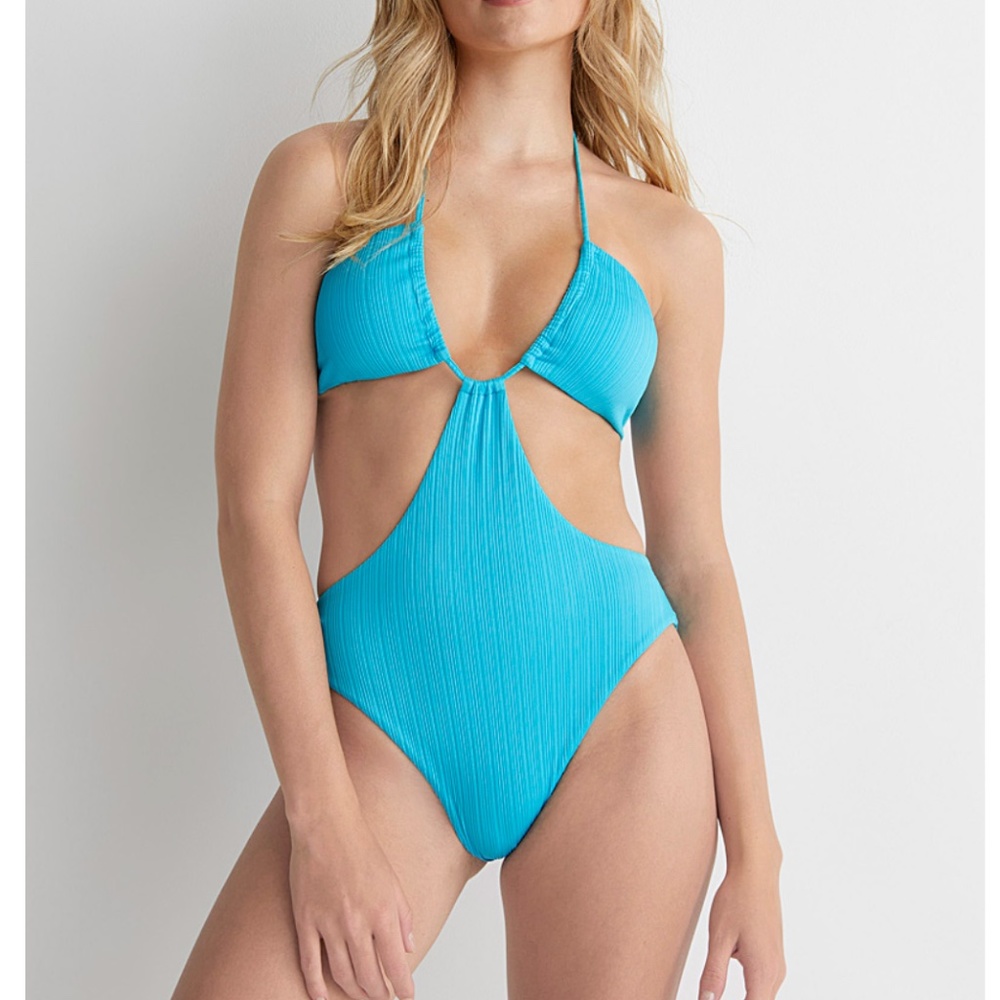 Blue turquoise raised ribbed cutout one-piece swimsuit NWT